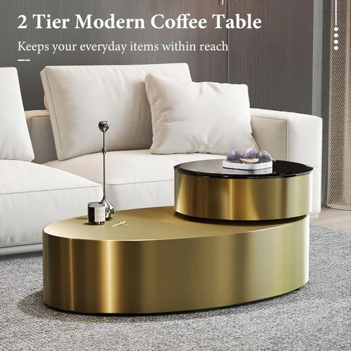 Miniatura 6 de Mesa auxiliar giratoria ovalada dorada, mesa central de lujo moderna de 2 niveles con parte superior redonda giratoria de 360°, mesa de té con base