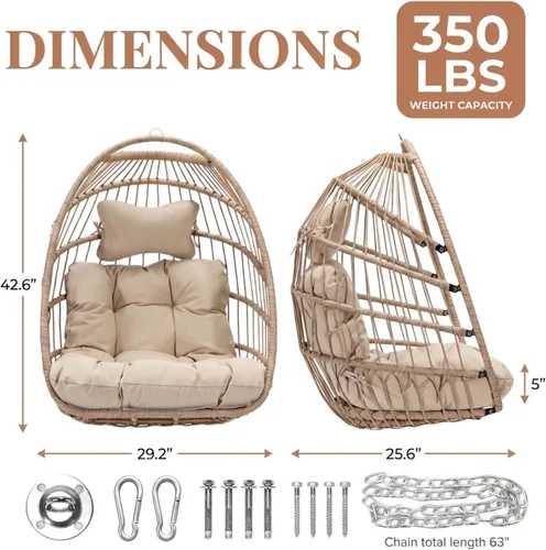Miniatura 5 de NICESOUL Silla de huevo sin soporte para interiores y exteriores, cómoda silla colgante de mimbre para patio con cojín, hamaca columpio de 350 Beige