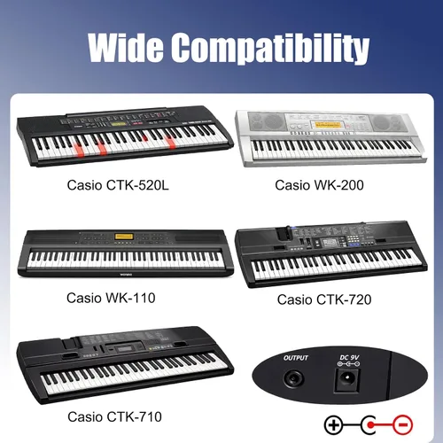 Miniatura 2 de Adaptador de corriente de 9 V compatible con teclado Casio AD-5, AD-5MU, WK-110, WK-200, LK-100, LK-220, CTK-496, CTK-573, CTK-700, CTK-710