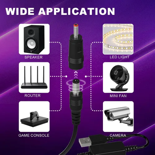 Miniatura 6 de DROK Adaptador USB a 9 V, convertidor de impulso de CC de 5 V a 9 V, 1,5 A, cable USB de 3.6 ft, convertidor elevador con conector CC macho de 0.217