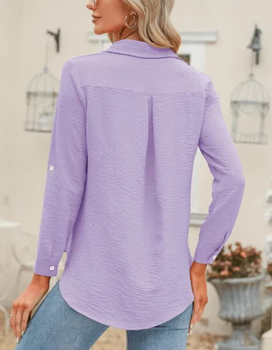 Miniatura 10 de Odosalii - Camisas con botones para mujer, con cuello en V, manga larga, enrolladas, blusas elegantes y formales para negocios y ocasiones casuales