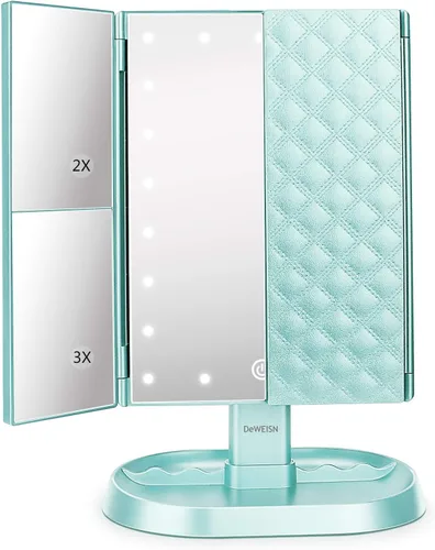 Miniatura 11 de deweisn Espejo de maquillaje con iluminación triple con 21 luces LED, aumento 1x/2x/3x y atenuación de pantalla táctil, dos fuentes de alimentación