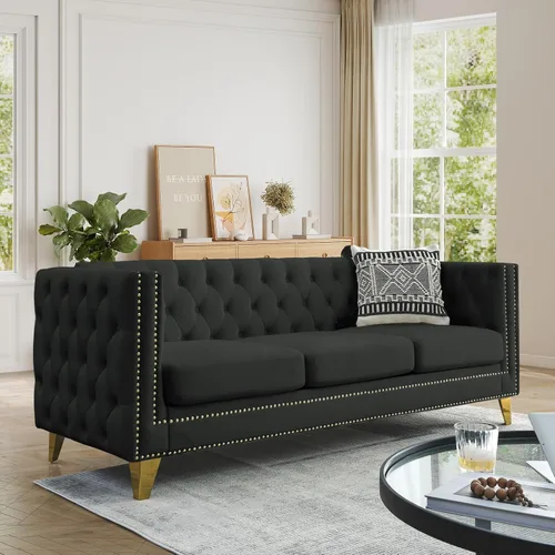 Miniatura 13 de JEEOHEY Juego de Sofás Chesterfield de 2, Sofá Moderno de Terciopelo con Capitoné y Ribete de Tachuelas, Sofá Tapizado de Asiento Profundo, Sofá