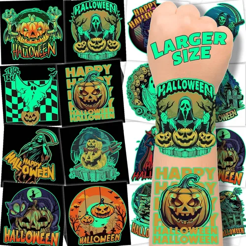 winthrop 100 tatuajes temporales luminosos de Halloween para niños, envueltos individualmente que brillan en la oscuridad, tatuajes impermeables de