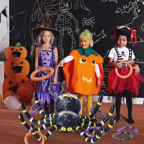 Miniatura 6 de Garma Juegos de lanzamiento de anillos de araña de Halloween para niños, decoraciones de araña inflable gigante, juego de fiesta de Halloween, 1