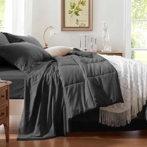 Miniatura 2 de Anluoer Juego de edredón de cama tamaño King en una bolsa de 7 piezas, color gris oscuro con sábanas, juegos de ropa de cama para todas las Gris