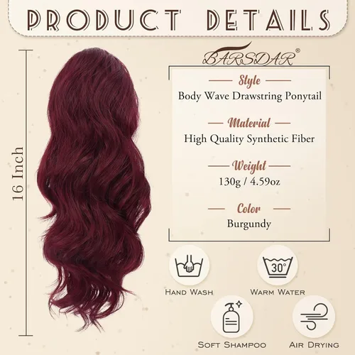 Miniatura 2 de BARSDAR Extensión de cola de caballo rojo burdeos, extensiones de cabello ondulado con cordón de 16 pulgadas para mujer, extensiones de cabello