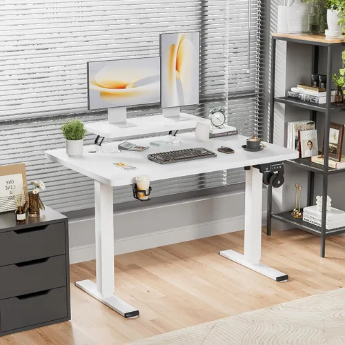 Miniatura 2 de Shahoo Escritorio eléctrico de pie con estante para monitor, mesa de esquina ajustable de altura de 47 x 24 pulgadas, estación de trabajo