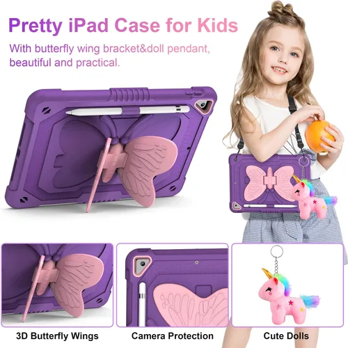 Miniatura 4 de VOFUOE Funda para iPad de 9ª, 8ª y 7ª generación, con protector de pantalla, soporte de mariposa, correa para el hombro, llavero para iPad 10.2