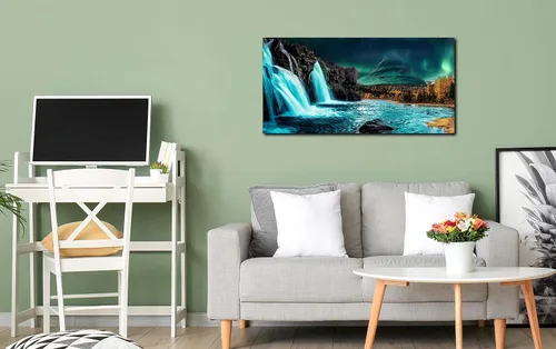 Miniatura 5 de Lienzo grande para pared de sala de estar, cuadros de cascada para pared, decoración de pared verde azulado, listo para colgar, tamaño 40 x 20 Verde