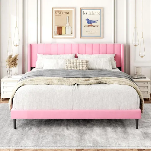 Miniatura 33 de Gruwans Estructuras de Cama Individual con Cabecera Wingback, Camas de Plataforma Tapizadas, No Necesita Somier, Soporte Resistente de Listones