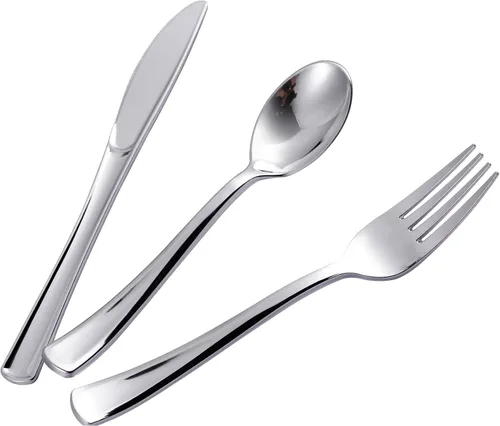 Miniatura 9 de N9R 200 piezas de cubiertos de plástico dorado desechables - Juego de cubiertos de plástico dorado, 100 tenedores, 50 cucharas, 50 cuchillos