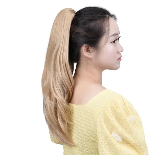 Miniatura 3 de Extensiones de cabello sintético con clip rubio, cola de caballo, 18 pulgadas, lacio, 4.2 onzas, postizos, para mujer, Yaki esponjoso, enredado