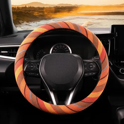 Miniatura 13 de SEG Direct Funda bohemia para volante con tela de manta Baja, cubierta para volante de estilo étnico hecha de lino grueso, se adapta a volantes