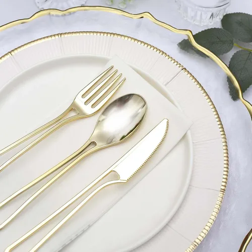 Miniatura 5 de Efavormart - Juego de utensilios de plástico con diseño moderno de mango hueco dorado de 7 pulgadas, tenedores, cucharas y cuchillos desechables, Oro