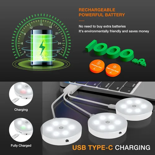 Miniatura 5 de Luces de disco con control remoto, iluminación recargable de 1000 mAh para debajo del gabinete, luces LED de armario, paquete de 3 luces nocturnas