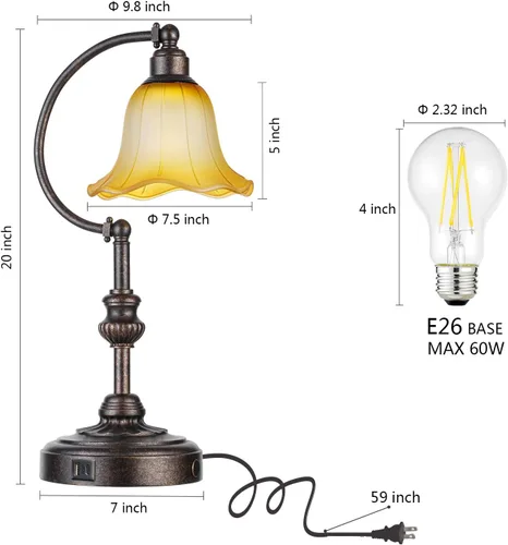 Miniatura 6 de RORIA Touch Farmhouse - Lámpara de mesa para sala de estar, lámpara de mesa de noche rústica regulable de 3 vías con puertos USB A+C, lámpara retro
