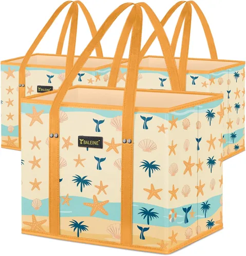 Miniatura 14 de BALEINE Paquete de 3 bolsas reutilizables para comestibles, bolsas de compras plegables para comestibles con parte inferior reforzada y asas