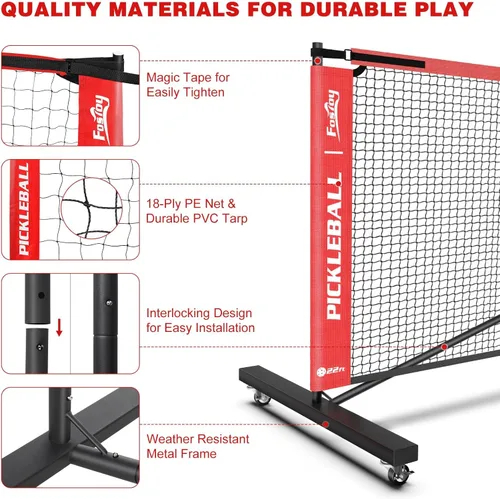 Miniatura 4 de Fostoy Portable Pickleball Net Set with Wheels, Regulation Size 22 FT & Half Court 11 FT, Steady Metal Frame Pickle Ball Net Set System with Carry