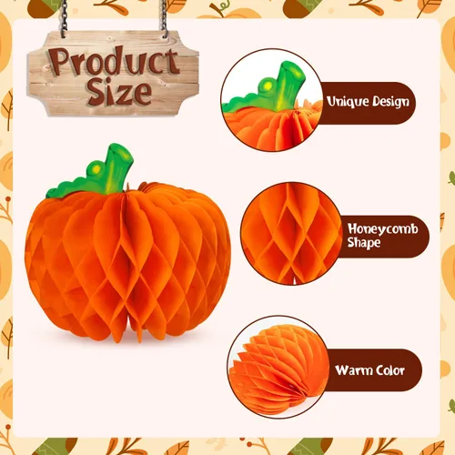 Miniatura 3 de 6 piezas de decoraciones de panal de calabaza, centros de mesa de calabaza 3D de Acción de Gracias, bolas de papel de panal de otoño para Halloween