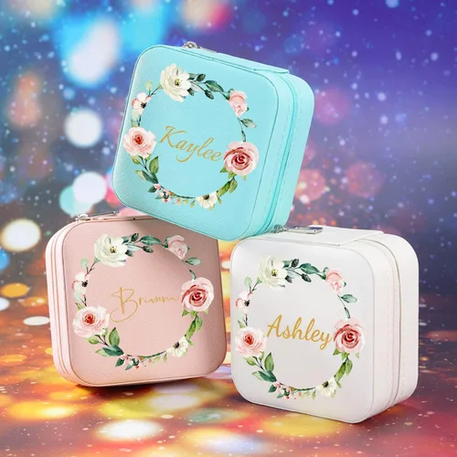 Miniatura 22 de Joyero de regalo para dama de honor, pequeño estuche de viaje personalizado de piel sintética portátil, cajas de propuestas de dama de honor, mini