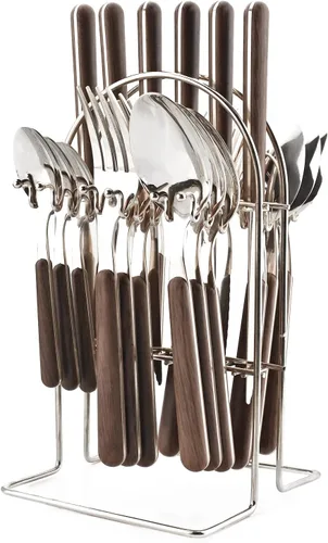 Miniatura 8 de Juego de cubiertos dorados de espejo de 24 piezas con soporte para cubiertos, cubiertos colgantes con mango redondo de madera, incluye cuchillo