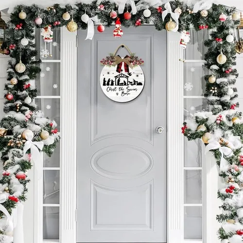 Miniatura 5 de Adorno de Navidad para colgar en la puerta, adornos de pesebre, Jesucristo el Salvador ha nacido, letrero de puerta delantera, decoración