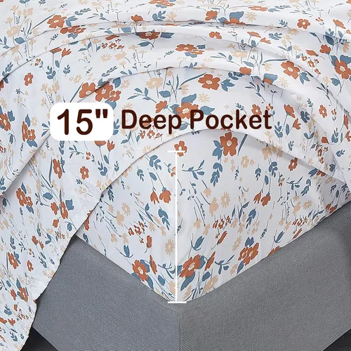 Miniatura 4 de Softan Sábanas de flores naranjas para cama de tamaño King, sábanas estampadas con estampado floral – Sábanas bajeras de microfibra suave