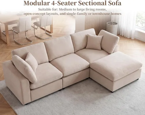 Miniatura 5 de Sofás modulares de nube seccionales para sala de estar, sofá modular grande con otomana, sofá de 3 plazas en forma de L con almohada, color beige