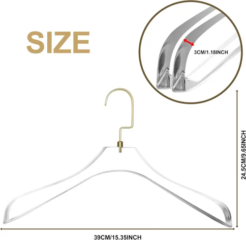 Miniatura 5 de Perchas de acrílico transparente de calidad resistente para abrigos, paquete de 2, colgador de ropa curvado elegante con anchos ganchos dorados