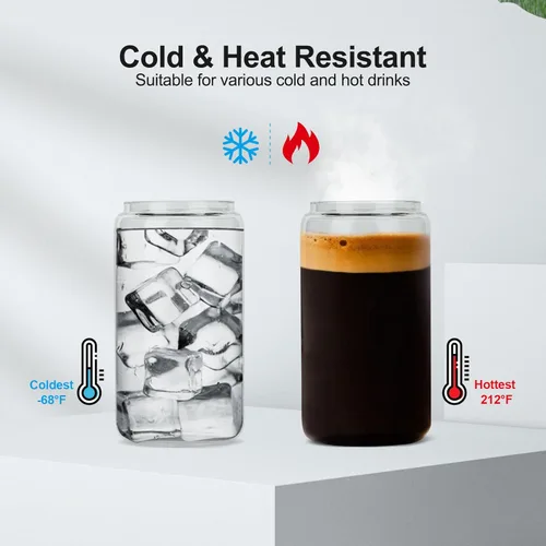 Miniatura 2 de ASKIZ 16 Vasos de Vidrio con Tapas de Bambú y Pajitas, Taza de Café Helado de 16 Oz, Juego de Vasos para Beber, Botellas de Agua de Vidrio
