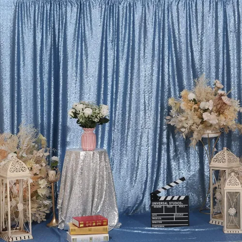Miniatura 2 de Juya Delight 2 cortinas de fondo de lentejuelas brillantes de 2 x 8 pies, color azul bebé, telón de fondo de fotos con purpurina azul para bodas