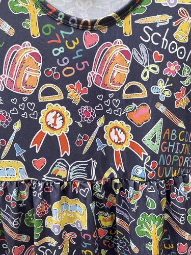 Miniatura 6 de Vestidos de regreso a la escuela para niñas pequeñas: manzana, lápices, ratón de biblioteca, autobús escolar, pegamento, telurión, pizarra arcoíris