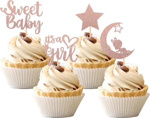 Miniatura 12 de 36 piezas de decoración para cupcakes con diseño de luna con purpurina de luna y estrella para revelación de género de bebé, baby shower, fiestas