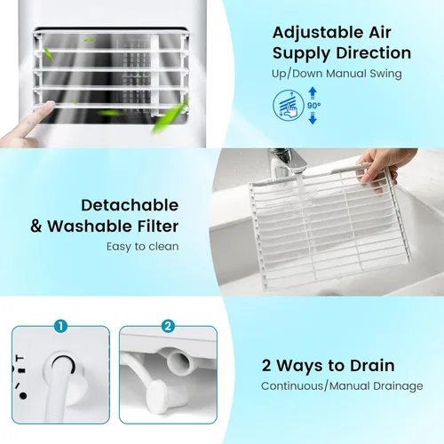 Miniatura 8 de PETSITE Aire acondicionado portátil de 10000 BTU, unidad de refrigeración de CA 3 en 1 con control remoto, deshumidificador, modo de suspensión, kit
