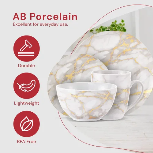 Miniatura 4 de Safdie & Co - Juego de vajilla de cerámica de porcelana de 16 piezas, diseño ligero, apilable, en acabado mármol dorado/gris dorado (Gold Marble)