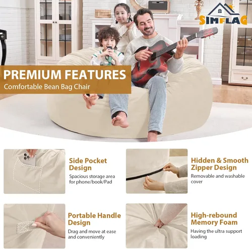 Miniatura 340 de Puf de 5 pies, puf grande con relleno de espuma viscoelástica, sofá puff esponjoso con funda de terciopelo holandés, puf redondo para sala de estar