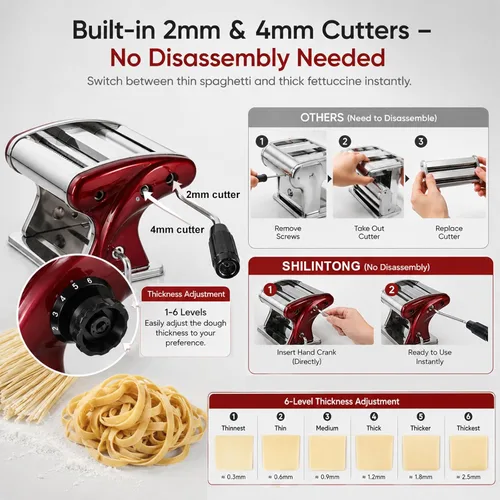 Miniatura 3 de Máquina manual de pasta, máquina de fideos de acero inoxidable 2 en 1 con cortadores integrados de 0.079 in y 0.157 in, grosor ajustable de 0.3 a