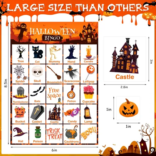 Miniatura 6 de V-Opitos Tarjeta de juego de bingo de Halloween de gran tamaño para niños y adultos, 6 x 8.5 pulgadas, 28 jugadores, juegos de Halloween