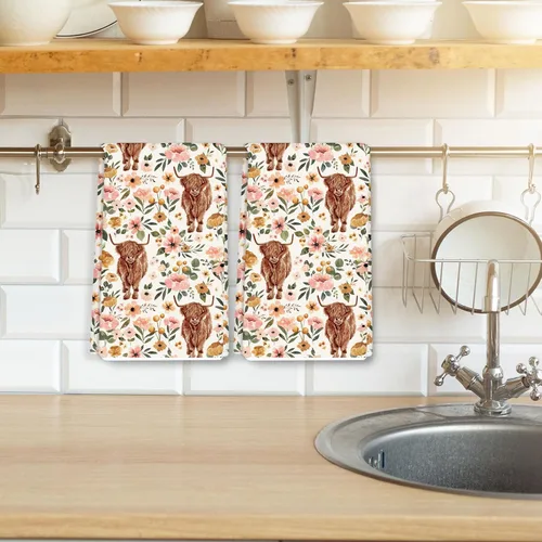 Miniatura 6 de AnyDesign Toalla de cocina de vaca de las tierras altas con diseño bohemio floral de las tierras altas, 18 x 28 pulgadas, paño de cocina de granja
