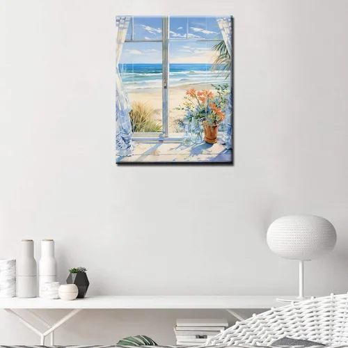 Miniatura 3 de Kit de pintura al óleo para ventana de playa, paisaje, por números, 16 x 20 pulgadas, lienzo, flores, paisaje, bricolaje, pintura al óleo para Pbn