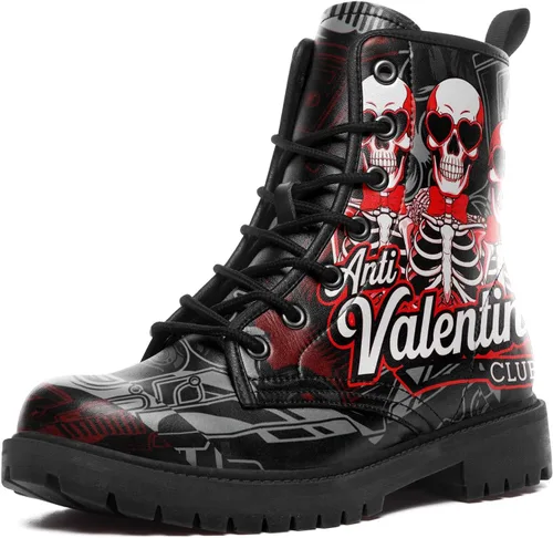Miniatura 7 de Botines de combate para mujer, con estampado de corazón, botines cortos de moda con rosas y calavera, botas de trabajo duraderas con cordones
