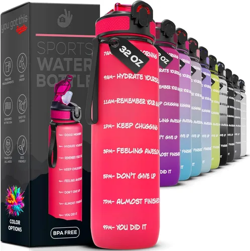 Miniatura 8 de Botella de agua motivacional de 32 onzas con marcador de tiempo, botella deportiva con boquilla para mantenerte hidratado todo el día, a prueba