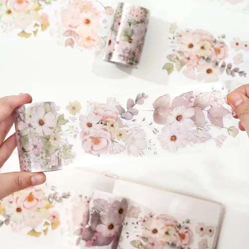 Miniatura 2 de WT Cinta de PET ancha rubor, rollo individual, diseños originales, cinta decorativa floral rosa acuarela, adhesivo transparente para diario, álbumes