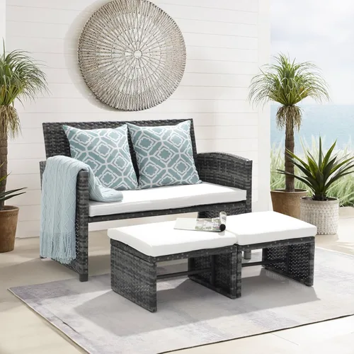 Miniatura 6 de OC Orange-Casual - Juego de muebles de patio, 3 piezas de sofá seccional de mimbre para exteriores con otomanos para el porche, ratán gris