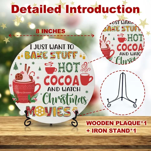 Miniatura 2 de Decoraciones navideñas para el dormitorio del hogar, letrero redondo de madera de cacao caliente con soporte de hierro para estante de mesa de Hot
