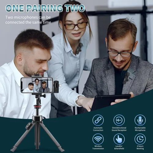 Miniatura 3 de AMOOX Micrófono Lavalier inalámbrico para cámara de iPhone, transmisión en vivo, vlogging, micrófono omnidireccional inalámbrico, micrófono