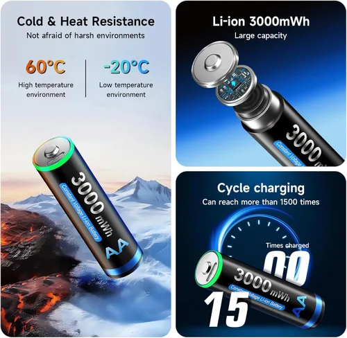 Miniatura 6 de CITYORK Baterías recargables AA de litio de 3000 mWh, paquete de 8, batería doble A recargable USB de 1.5 V