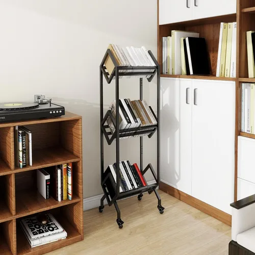 Miniatura 6 de VENNQD Estantería de metal industrial para libros, soporte de 3 niveles con ruedas, diseño moderno y elegante, revistas, archivos, álbum de recetas