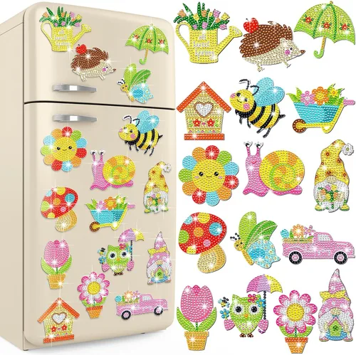 Umigy 16 piezas de arte de diamantes de primavera para refrigerador, kits de pintura de diamantes de abeja de primavera, mariposa, gnomo, arte de